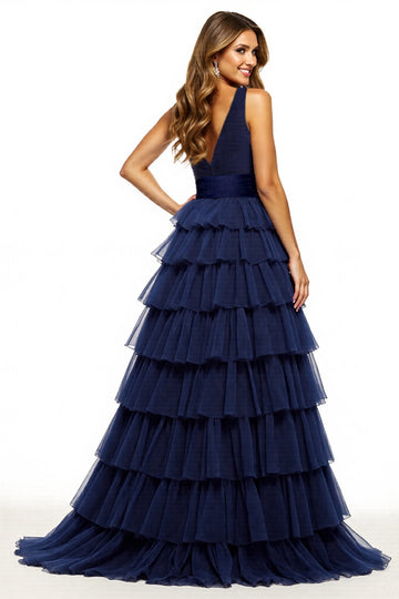 Navy Tiered V Neck Ruffled Long Formal Dress with Slit